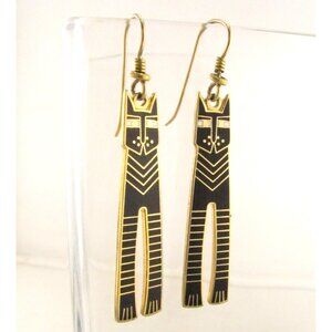 VTG Laurel Burch Black Nubian Cat Earrings, Gold Plated, Tall Enamel Cats, 1980s